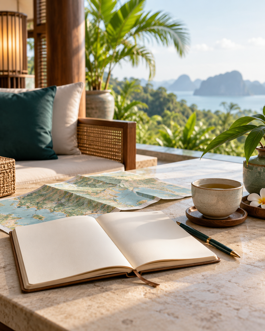 Open travel journal and map beside tea, overlooking a green Thai landscape