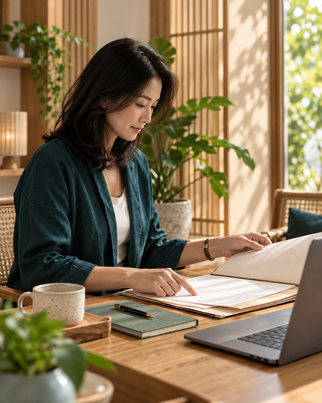 Woman in side profile reviewing documents in a calm workspace