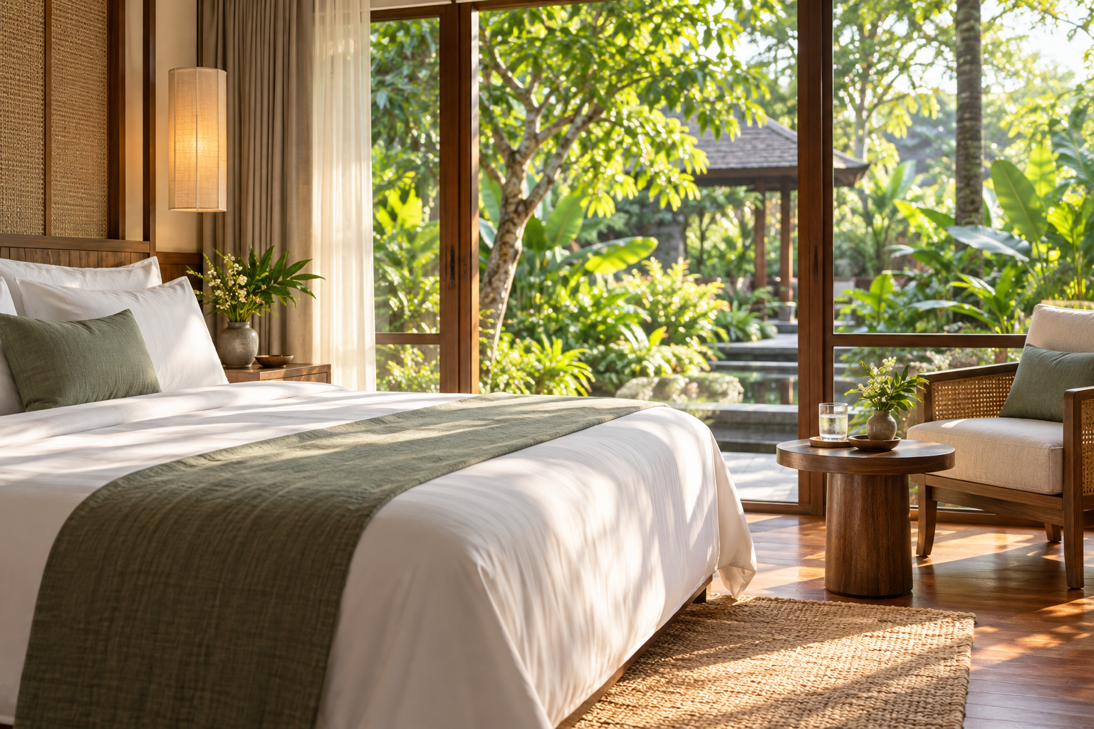 Calm accommodation room with a bed and garden view