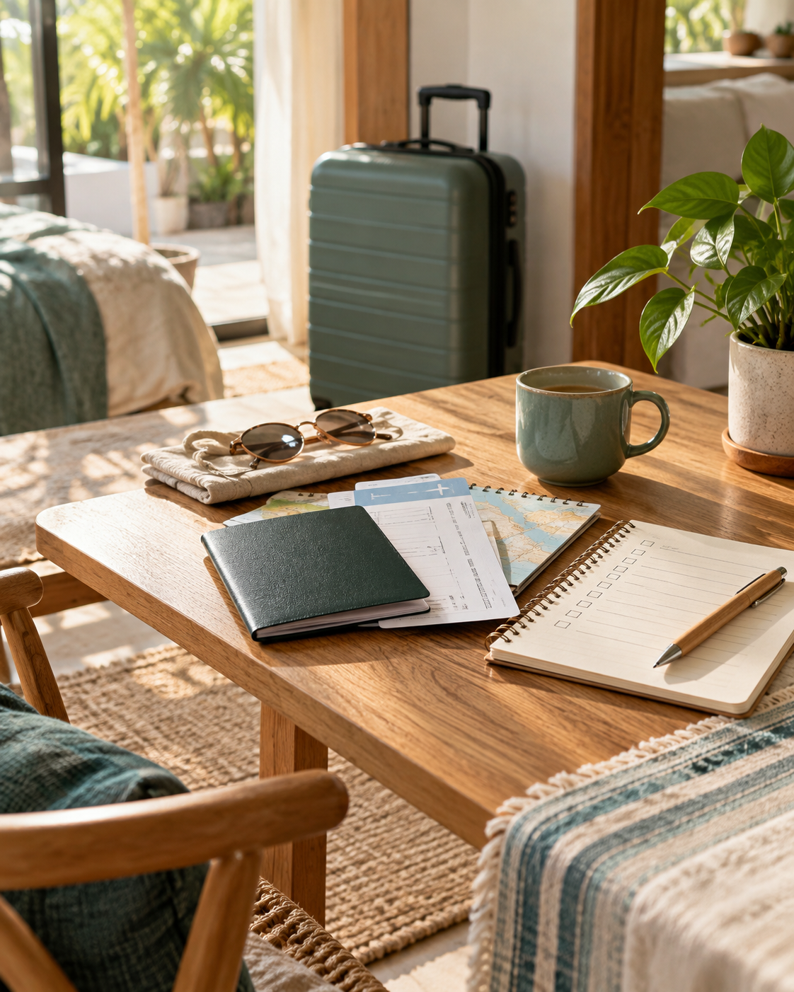 Travel documents and a checklist arranged beside a packed suitcase