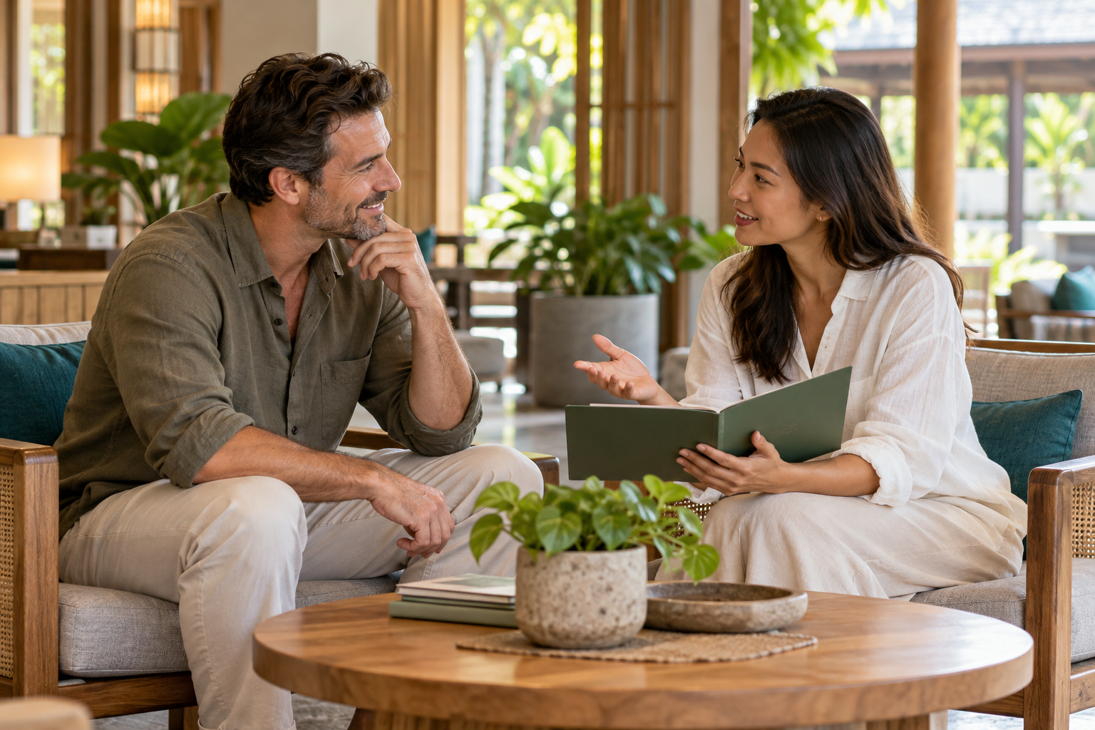 Two people talking over a folder in a quiet lounge